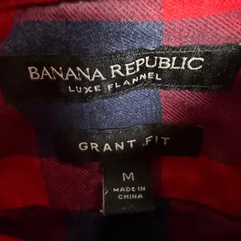 Banana Republic Luxe Flannel Grant Fit Shirt Mens Medium Red Navy Buffalo Plaid